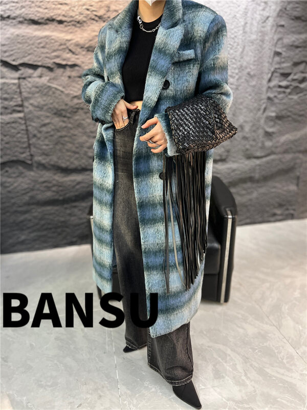 [Semi-plain] plaid long double-breasted temperament coat (only sells coats) A879# ZJY