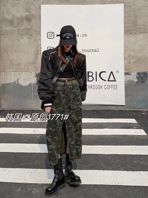 [Korean original] Korean style large pocket design slit skirt denim skirt (with belt) QD1771# FHX