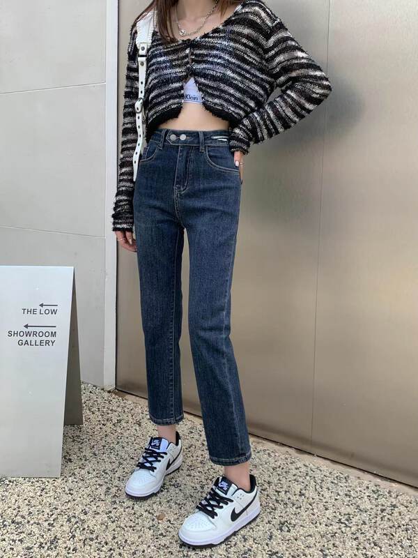 [Korean Original] Autumn Two-Button Leather Label Stretch Cigarette Jeans 3202