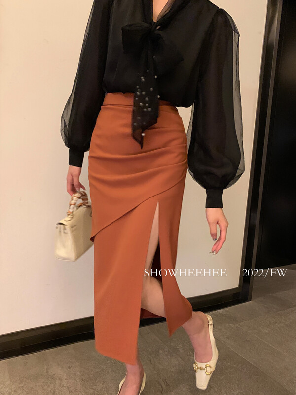 New in early autumn! [Xiu Xixi] Temperament is light and familiar, pleated side slits and hip skirt 19573# JHY