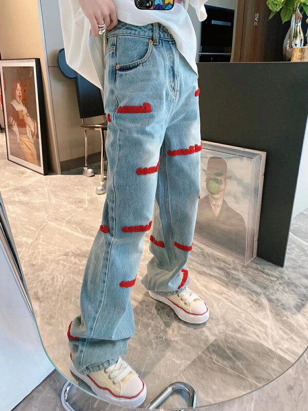 [NANCY] American ins retro high street letter embroidery jeans D3001# WPL