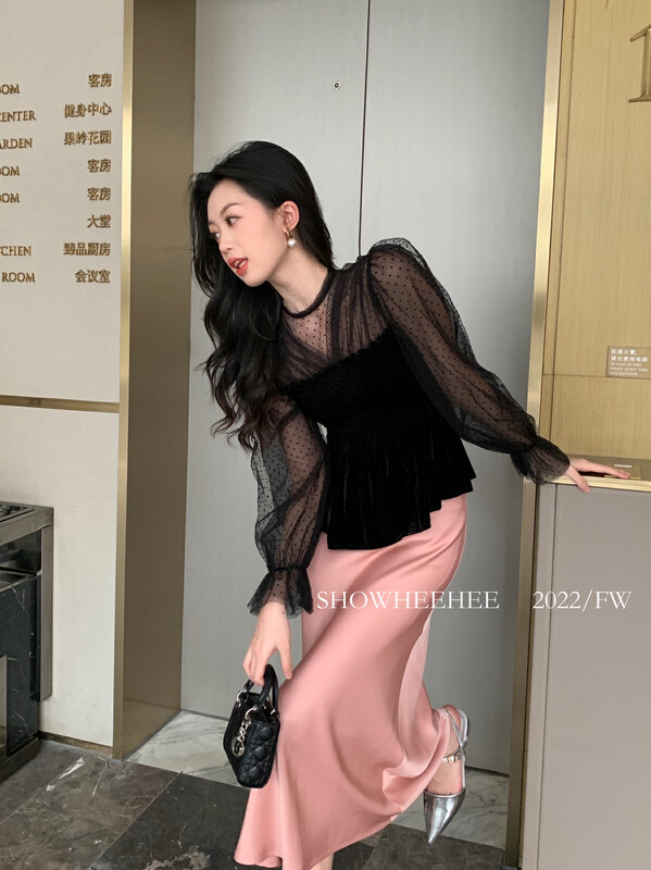 New in early autumn! 【Xiu Xixi】French elegant color matching lace hollow waist small shirt 9228# JHY