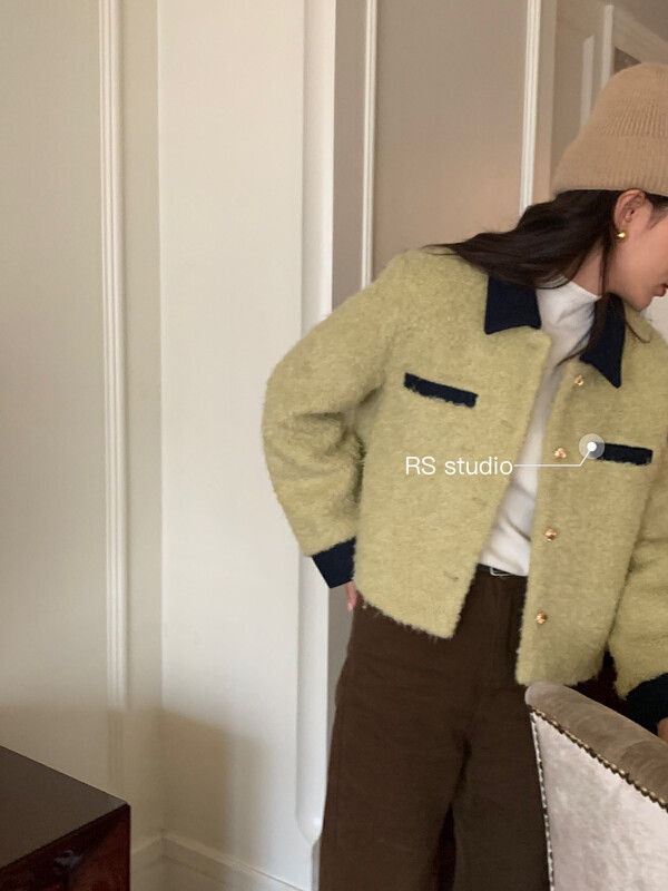 [RS] Fur lapel contrast color temperament small fragrance short coat KL8066# FHX