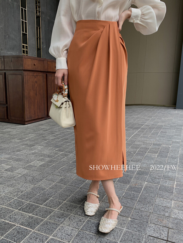 Early autumn new style! [Xiu Xixi] temperament light luxury pleated design side slits all-match high waist skirt 19558# JHY