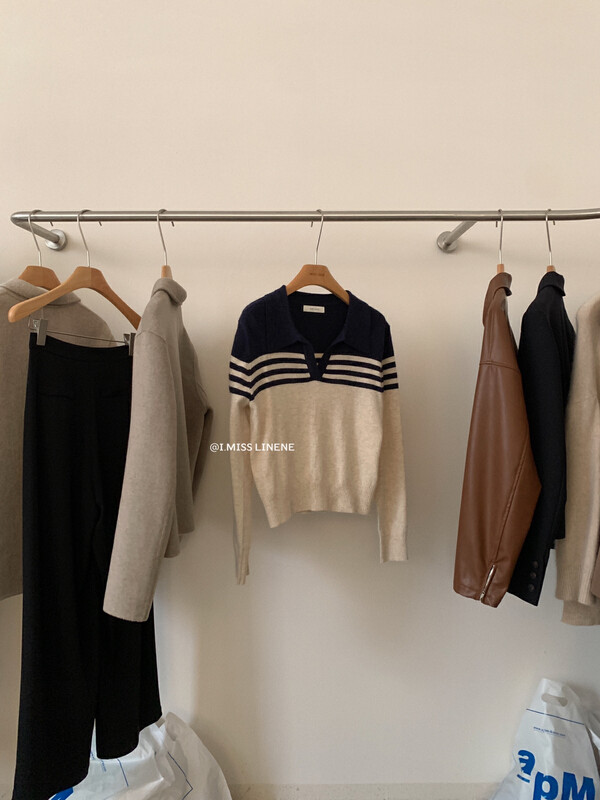 [IMISS] Korean version of the contrast color polo collar striped knitted sweater knitted sweater with 20 wool QK0318