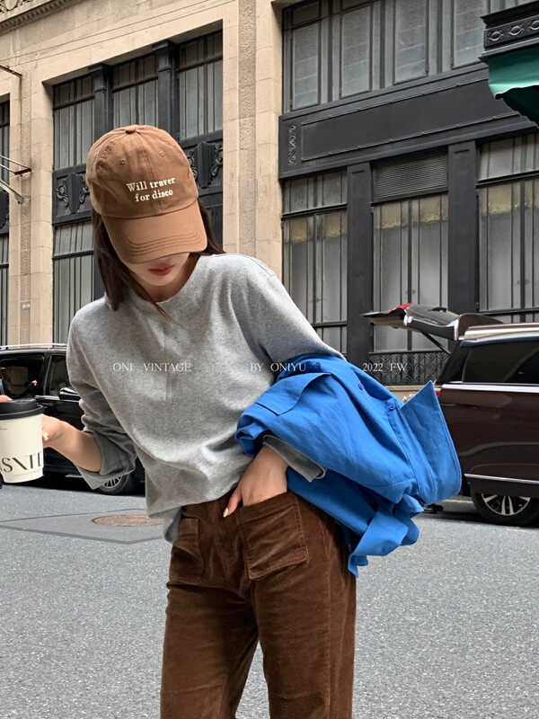 [ONIVINTAGE] Linen and cotton double-sided round neck slit T-shirt long-sleeved T-shirt UH226T6503# CQW