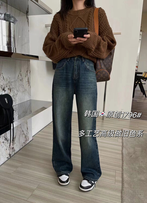 [Original from Korea] New velvet 1796 on the winter style of Korean thin wide-leg jeans