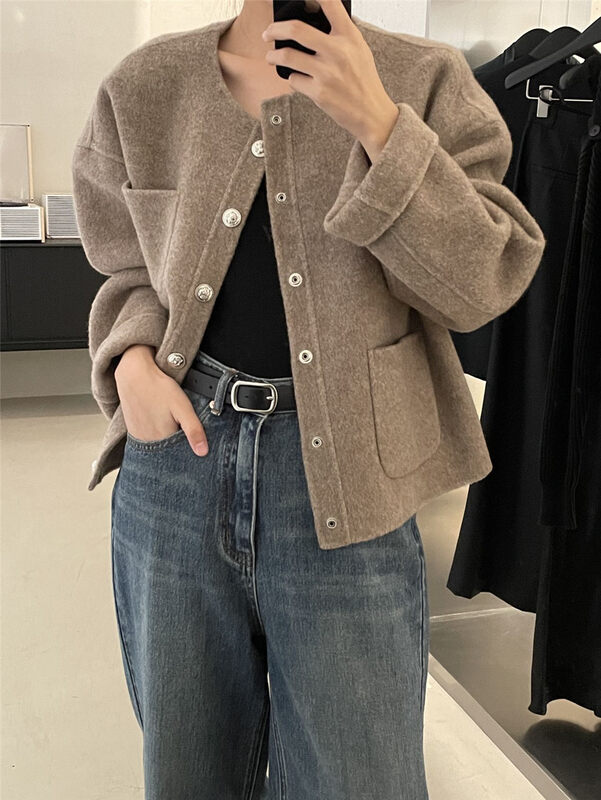 Autumn is new! [CLEAN SPACE] Korean textured round neck short jacket (75% Australian wool, 25% camel wool) 33510# CQW