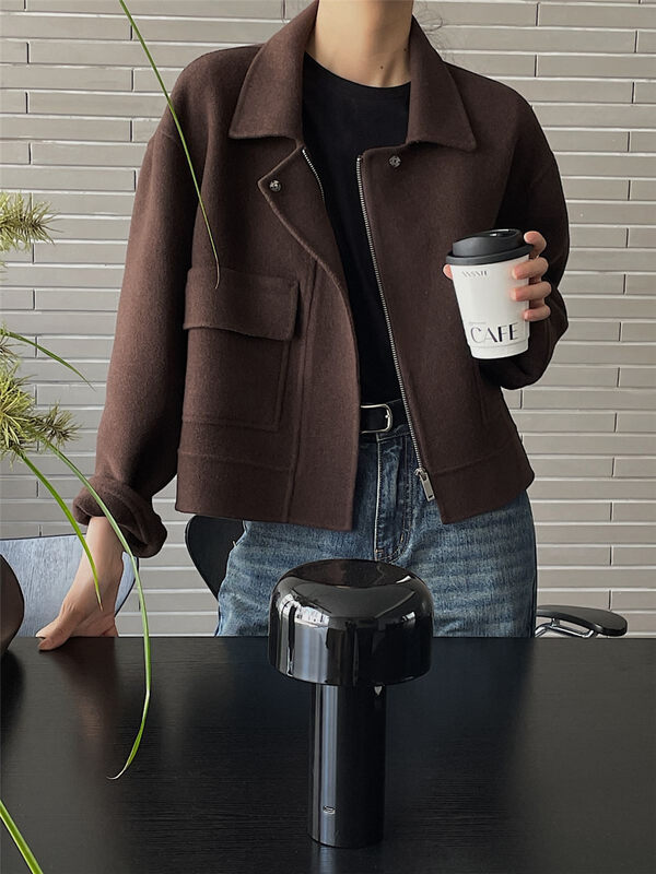 【CLEAN SPACE】Loose textured large lapel zipper short coat (85% Australian wool, 15% camel wool) 33570# CQW