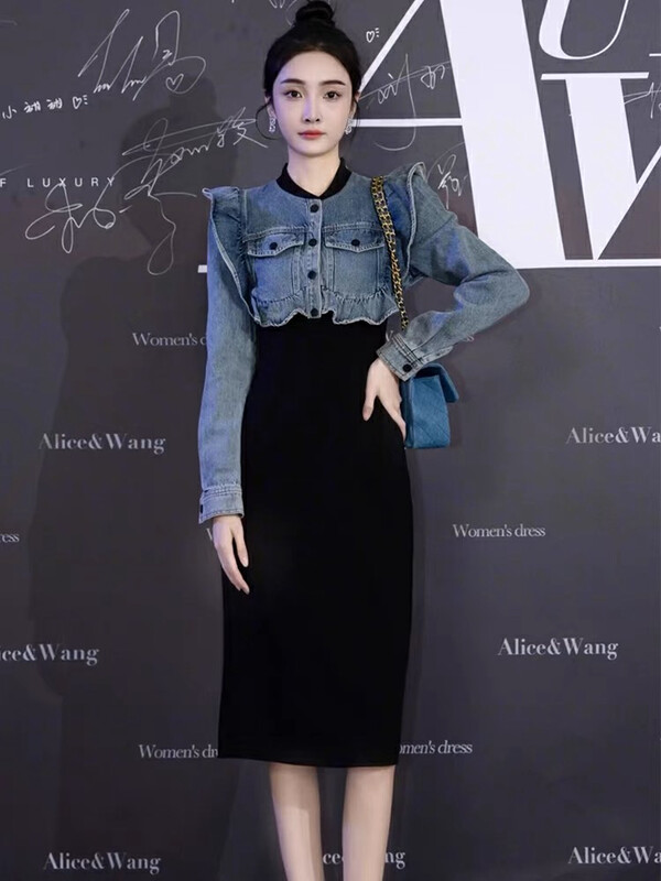【KIKI STUDIO】Hong Kong style design stitching denim slimming dress 6908# HJY