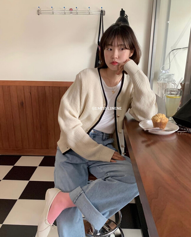 [IMISS] Korean version v-neck contrast color small gold button sweater cardigan sweater QK996