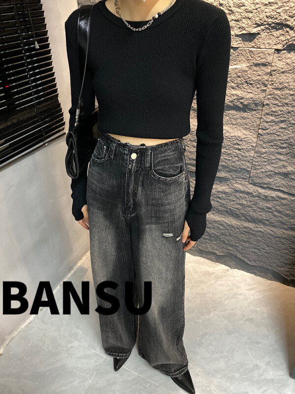 New in winter! [Semi-plain] round neck slim fit short all-match knitted sweater L1099# ZJY