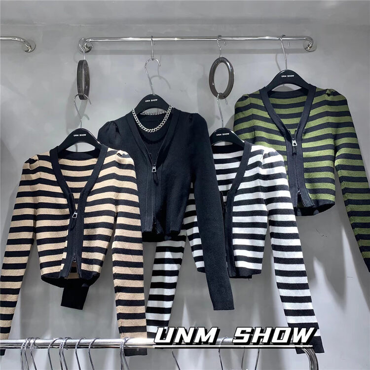 New in autumn! [UNM-SHOW] Striped zipper all-match knitted cardigan 6681# WTT
