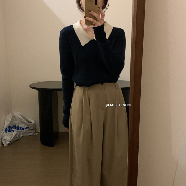 【IMISS】French contrast color polo collar knitted sweater QK0306