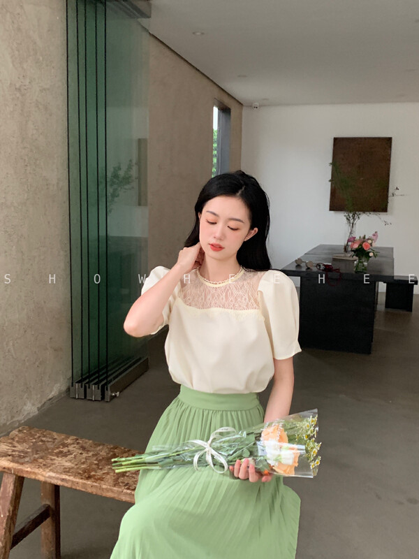 【Xiu Xixi】French Hepburn style with lace crochet flower careful machine hollow shirt 9170# JHY