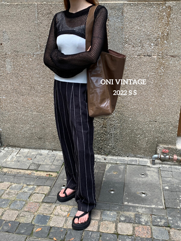 [ONIVINTAGE] High-waisted linen striped wide-leg straight casual pants UH224P5594