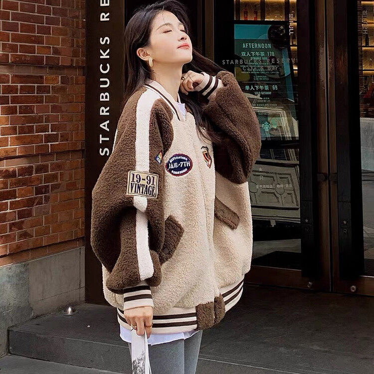 【KIKI STUDIO】Korean fashion imitation sheep curly baseball short jacket 6787# HJY
