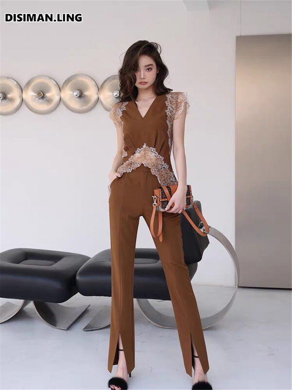 New in early autumn! [TAN] V-neck lace stitching shirt + slim all-match trousers suit 4# JJ