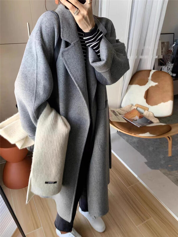 New in winter! [Semi-plain] lapel pocket long lace-up coat (with belt) J973# ZJY
