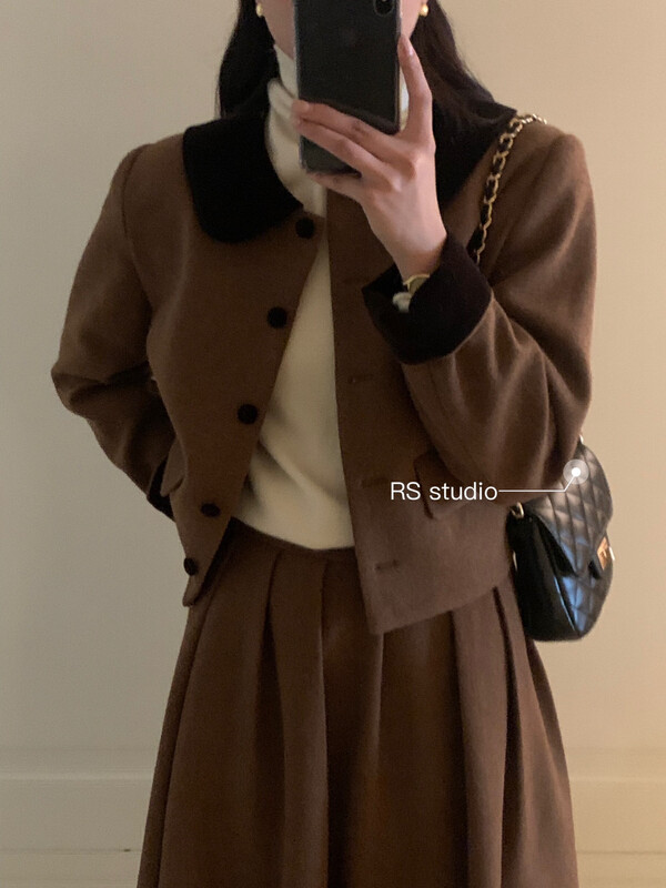 【RS 】 Contrast Color Doll Collar Small Fragrance Short Jacket + High Waist Temperament Skirt Suit LL0239# FHX