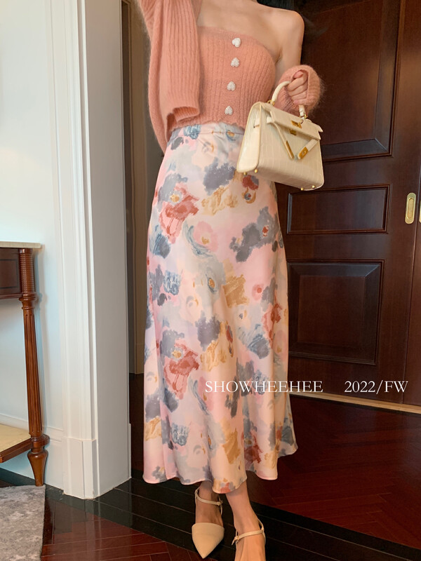 New in early autumn! 【Xiu Xixi】French elegant western style drunk pear oil painting high waist skirt 19552# JHY