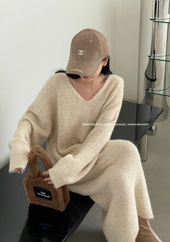 【YOOMINI】Casual and simple V-neck loose mid-length dress D13704-S# WPL