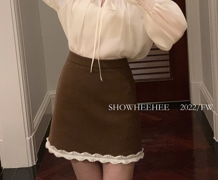 Autumn is new! [Xiu Xixi] French temperament contrast color wave edge all-match brushed A-line skirt 19588# JHY