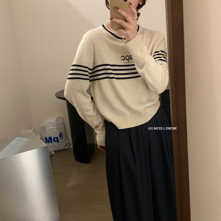 【IMISS】Korean Style Versatile Contrast Color Striped Knit Sweater QK0296# FHX