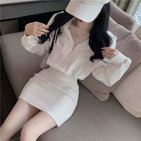 Hooded sweater wrap hip skirt  autumn new style waist and thin bottoming all-match Korean dress