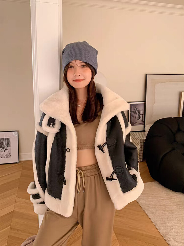 New in winter!【KIKI STUDIO】Korean version of fashion contrast color motorcycle style short coat 6897# HJY