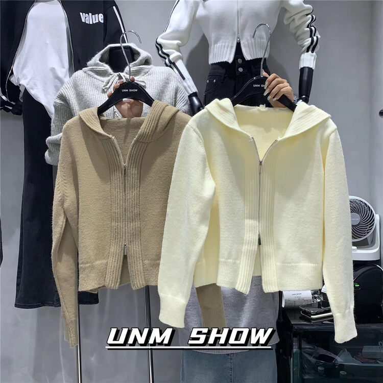 Original price 65.42! 【UNM-SHOW】Solid Color Long Sleeve Zipper Knit Cardigan 6670# WTT