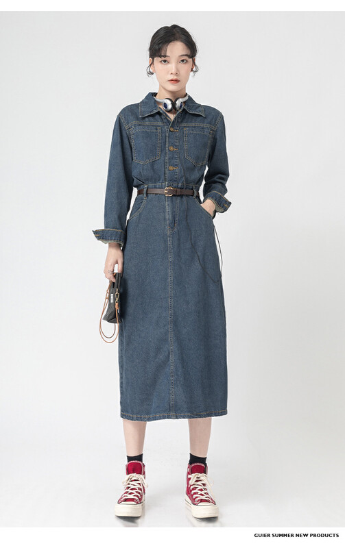 New in autumn!【KIKI STUDIO】Korean Washed Denim Long Sleeve Dress (with Belt) 6783# HJY