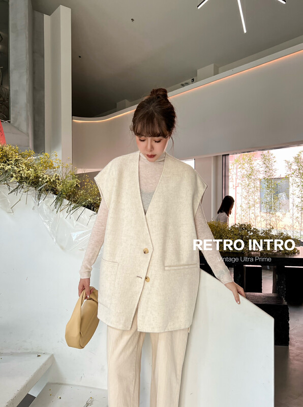 【RIN】Korean simple v-neck fashion double-sided woolen coat RB2062# CQW