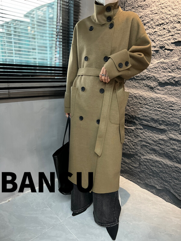 [Semi-plain] Double-breasted simple commuter fashion coat (with belt) Y7100# ZJY