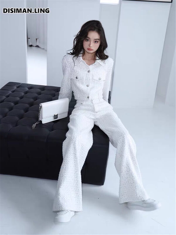 New for winter!  [TAN] Xiaoxiangfeng sequined short coat + high waist slim casual pants suit a2534# JJ