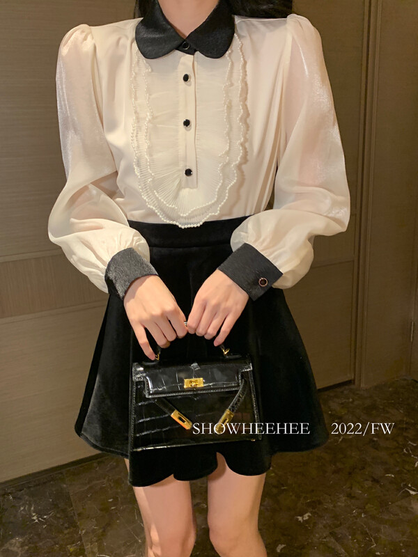 [Xiu Xixi] French court style niche design commuter all-match heavy industry beaded lotus leaf contrast color shirt 9302# JHY