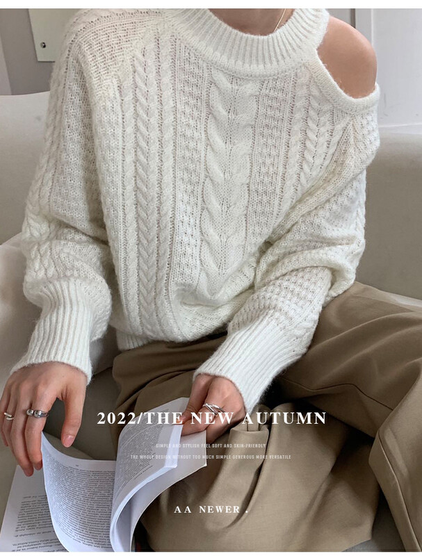 【THE MIND】Wool round neck off-shoulder design fashionable all-match slim sweater 71387
