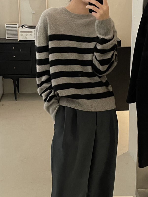 50% Raccoon Hair, 6 Colors Available【CLEAN SPACE】Korean Striped Casual Crewneck Knit Sweater 27951# CQW