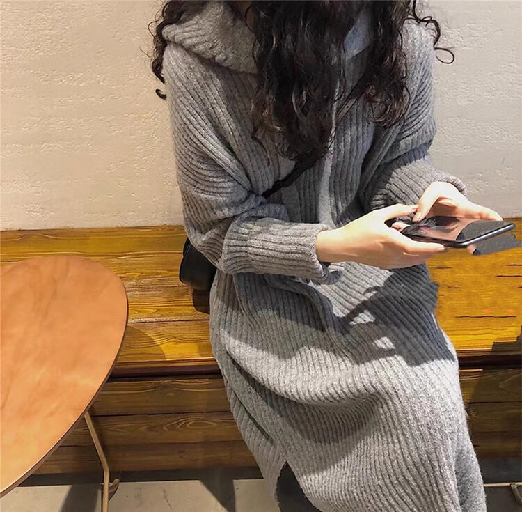 New in winter! [Semi-plain] hooded casual knitted loose dress 8916# ZJY