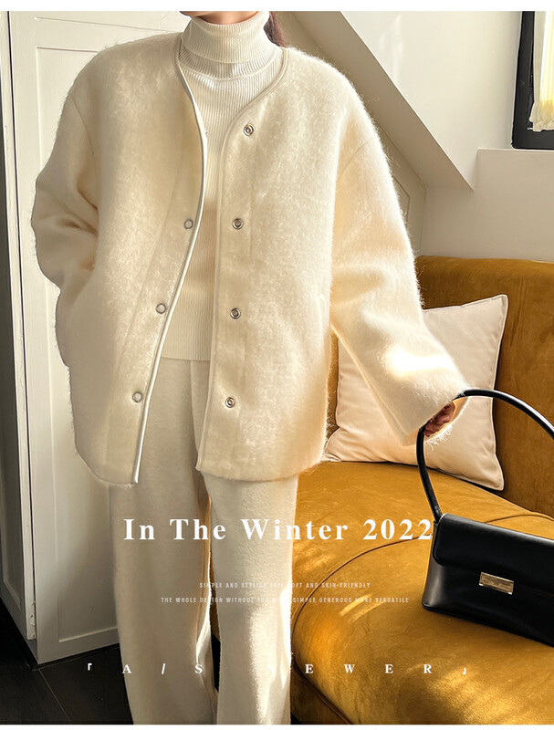 【THE MIND】Wool crew neck colorblock single-breasted wool coat 61239