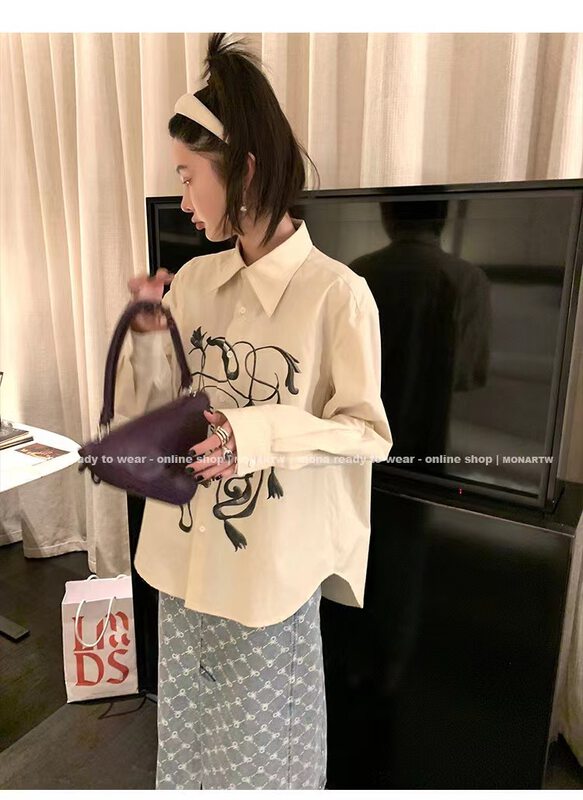 New in autumn! [TAN] Casual rabbit print button-up shirt 2383# JJ