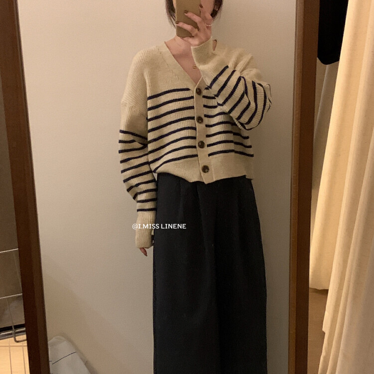 【IMISS】Korean striped v-neck cashmere knitted cardigan sweater QK902