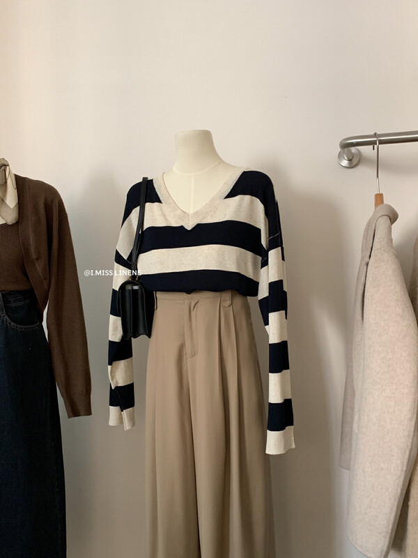 【IMISS】Korean Style Casual Lazy V-Neck Pullover Striped Knit Sweater QK0280# FHX
