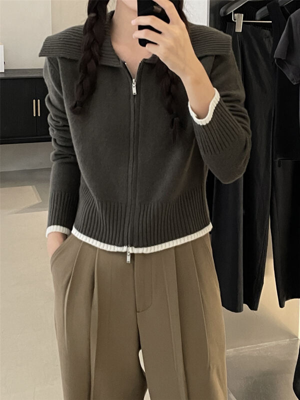 100 wool [CLEAN SPACE] Korean version of the contrast color large lapel zipper two-wear knitted cardigan 33326# CQW