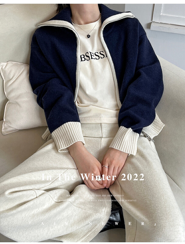 [THE MIND] wool large lapel colorblock zipper fashion all-match sweater 71515