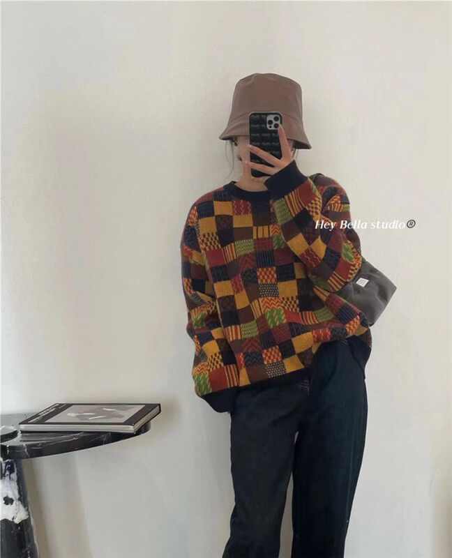 【HEY BELLA】Retro round neck plaid warm sweater B9682# L