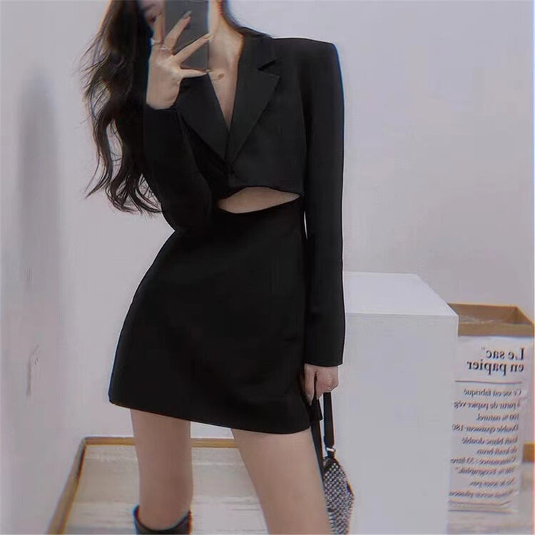 New in autumn! [TAN] Solid color textured waistless design suit dress 2723# JJ