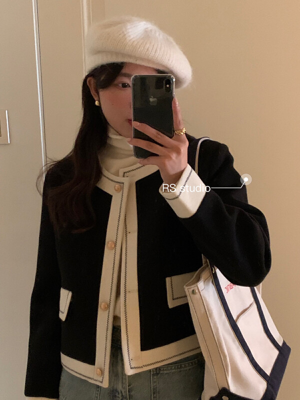 【RS】Topstitching stitching contrast color round neck short jacket LL0233# FHX