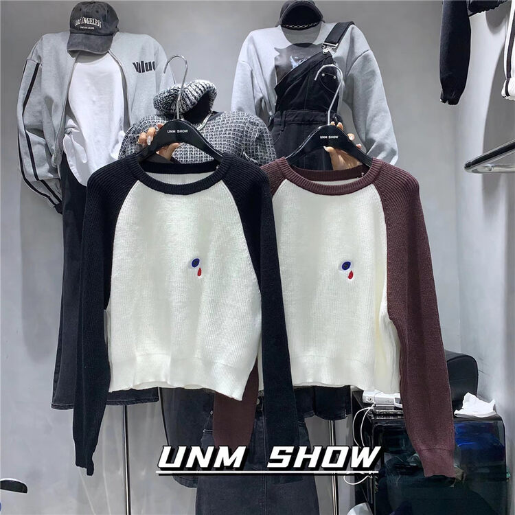 New in autumn! [UNM-SHOW] Contrast color raglan sleeve embroidered label knitted sweater 6690# WTT