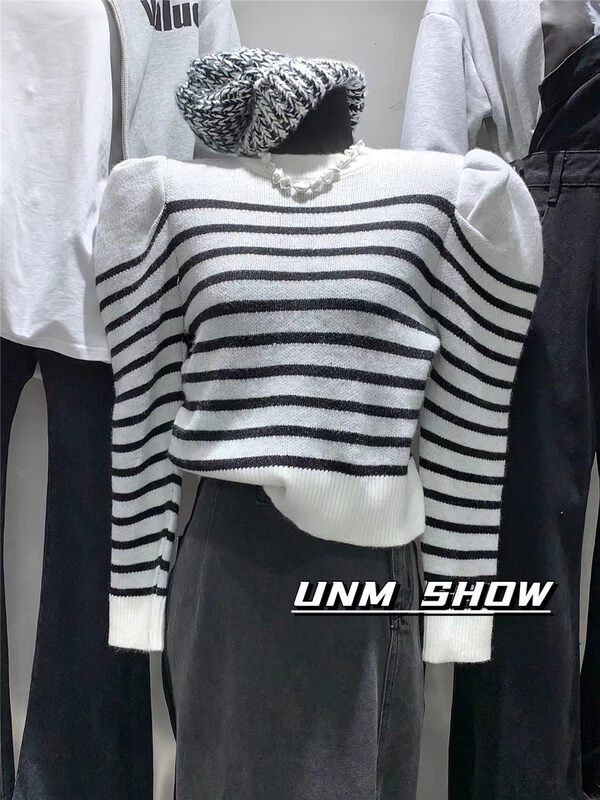 New in autumn!【UNM-SHOW】Striped Puff Sleeve Loose Knit Sweater (Without Necklace) 6687# WTT